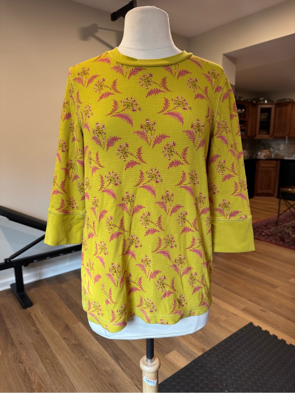 Sundance Chartreuse Pink Floral Waffle Knit 3/4 Sleeve Boho Top sz L